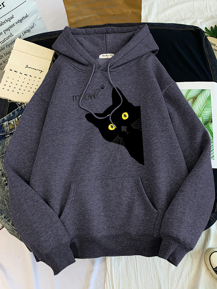 Meow Black Cat Print Hoodie